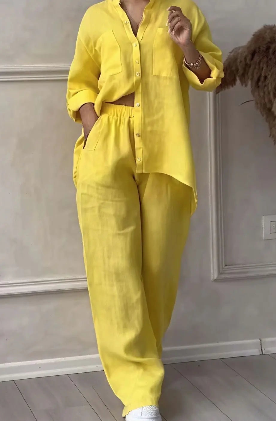 Women's Linen-Look Wide-Leg Shirt Two-Piece Set - Yellow