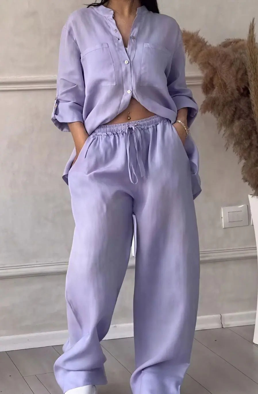 Women's Linen-Look Wide-Leg Shirt Two-Piece Set - Purple