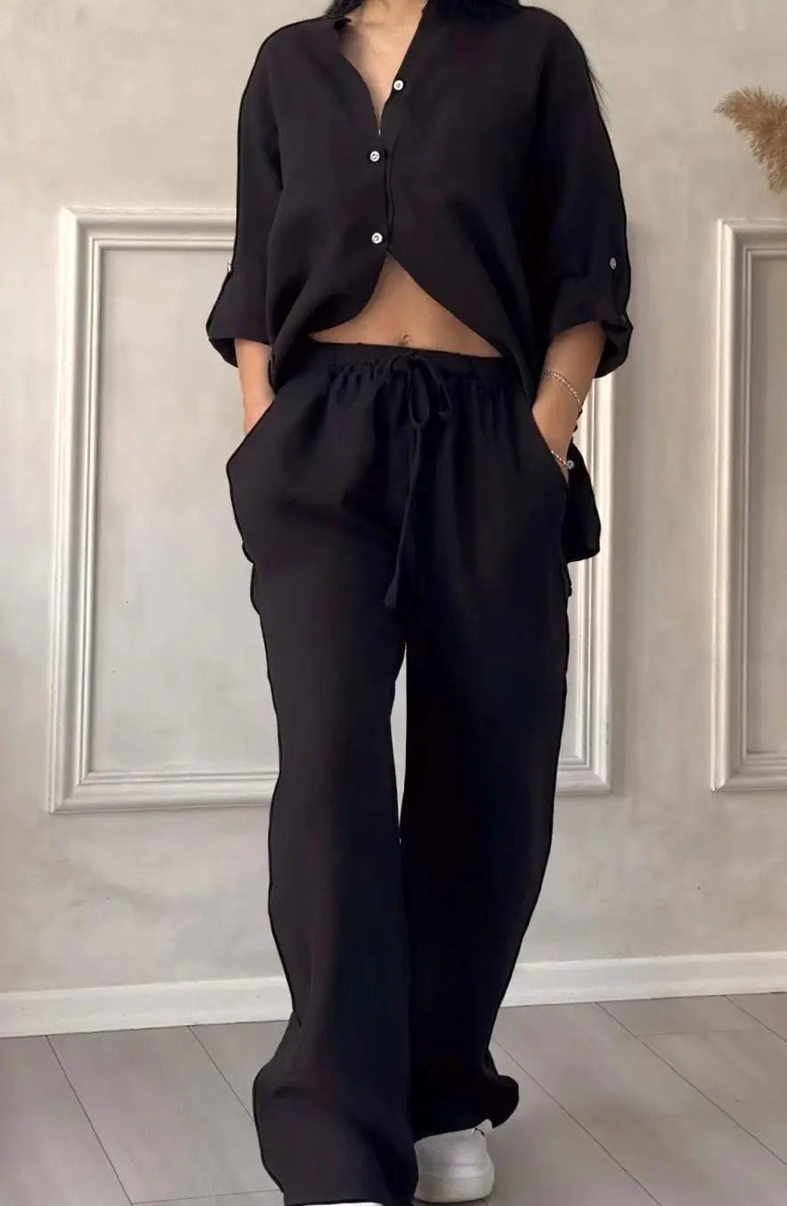 Women's Linen-Look Wide-Leg Shirt Two-Piece Set - Black