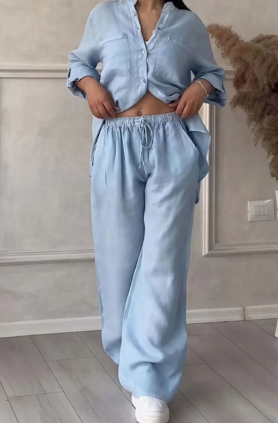 Women's Linen-Look Wide-Leg Shirt Two-Piece Set - Light Blue