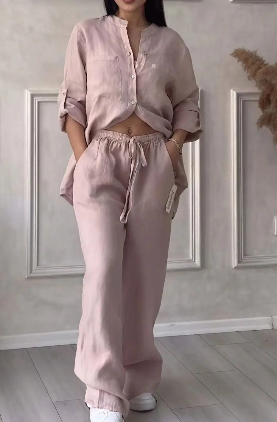 Women's Linen-Look Wide-Leg Shirt Two-Piece Set - Light Pink