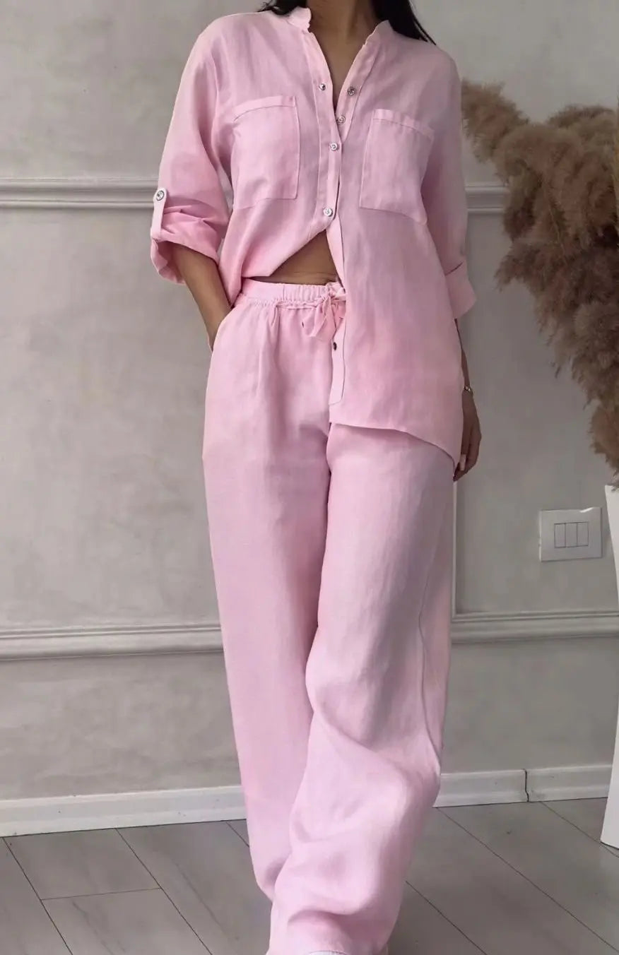 Women's Linen-Look Wide-Leg Shirt Two-Piece Set - Pink