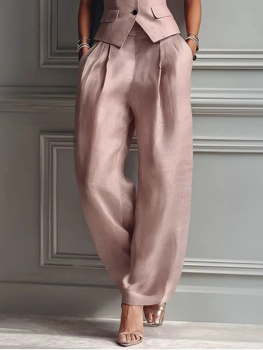 Women's Linen Pleated Wide Leg Trousers Lapel Waistcoat Two Piece Set