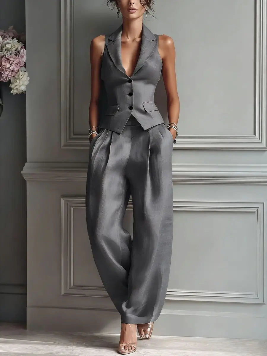Women's Linen Pleated Wide Leg Trousers Lapel Waistcoat Two Piece Set - Grey