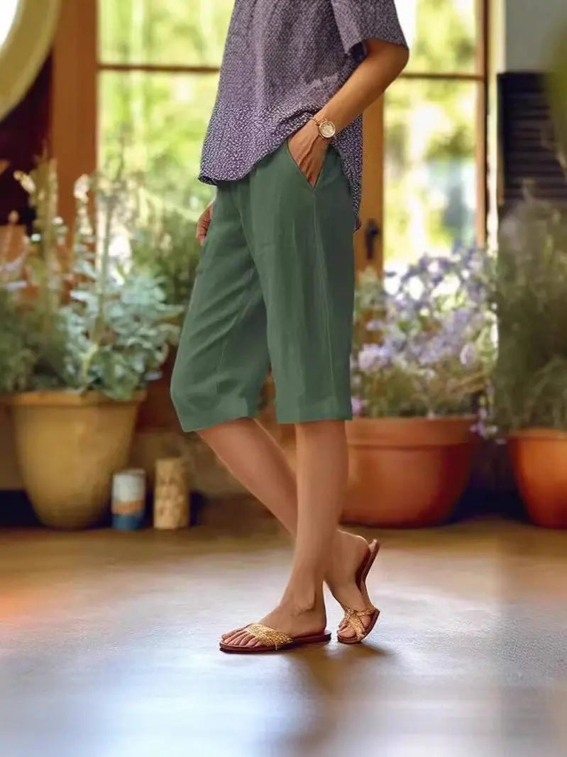 Women's Linen Summer Shorts Relaxed Fit Drawstring Waist - Green
