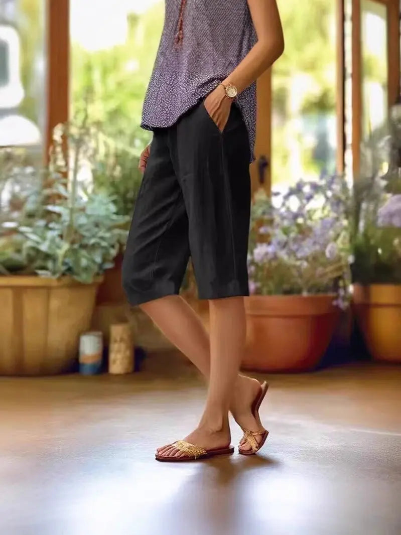 Women's Linen Summer Shorts Relaxed Fit Drawstring Waist - Black