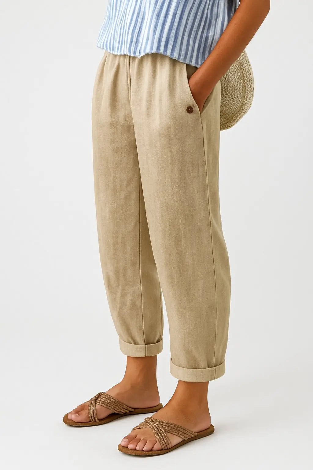 Women's Linen Trousers Wide Leg Elastic Waist Side Pockets - Beige