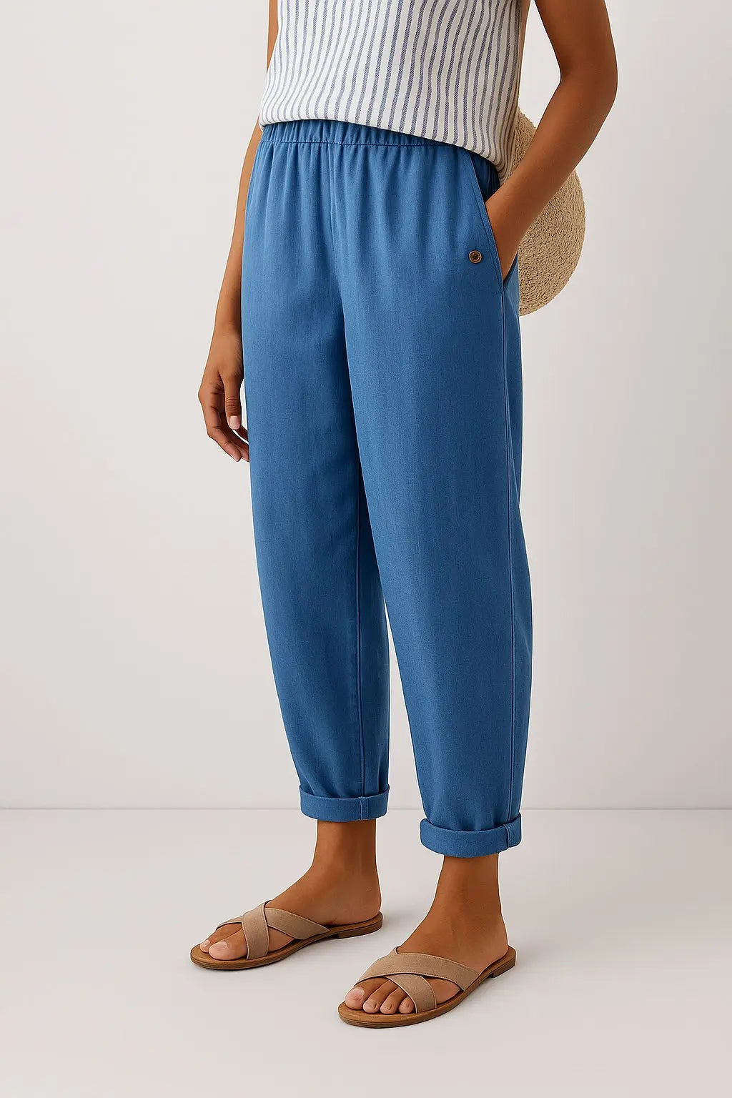Women's Linen Trousers Wide Leg Elastic Waist Side Pockets - Blue