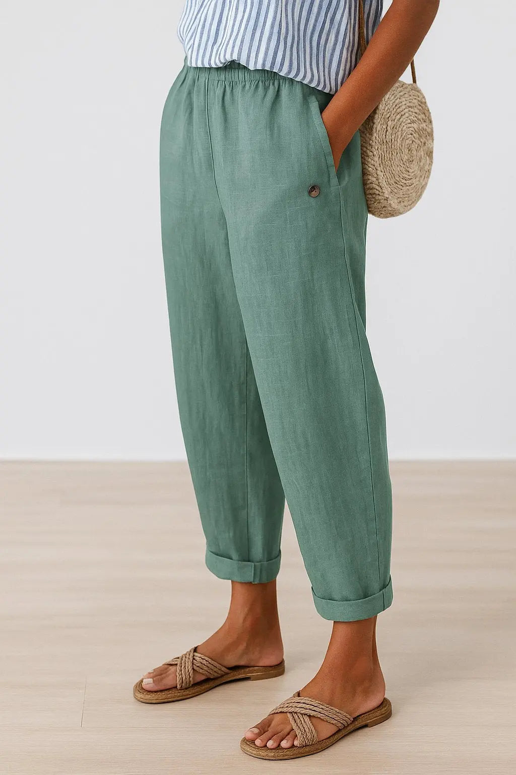 Women's Linen Trousers Wide Leg Elastic Waist Side Pockets - Light Green