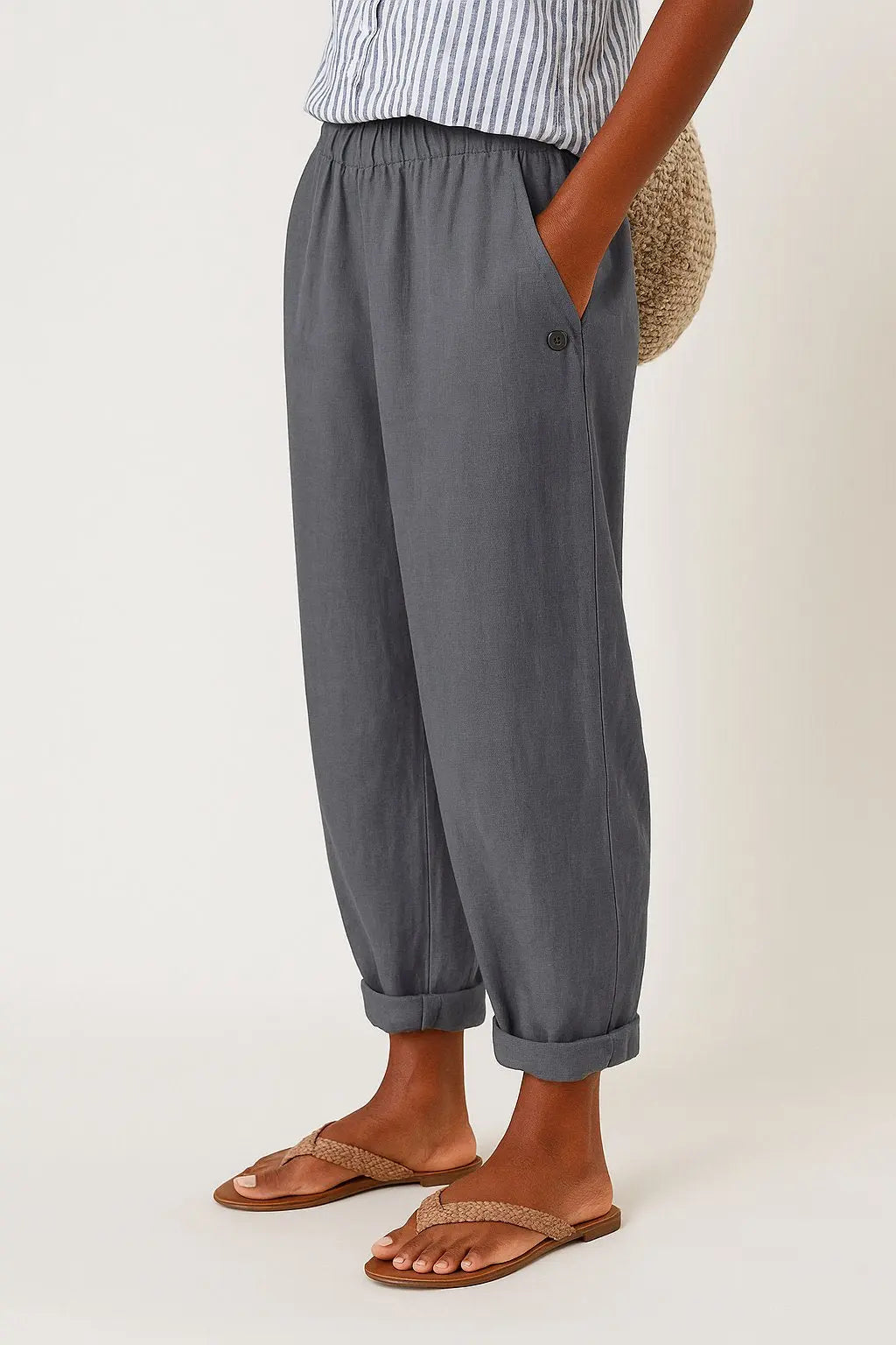 Women's Linen Trousers Wide Leg Elastic Waist Side Pockets - Gray