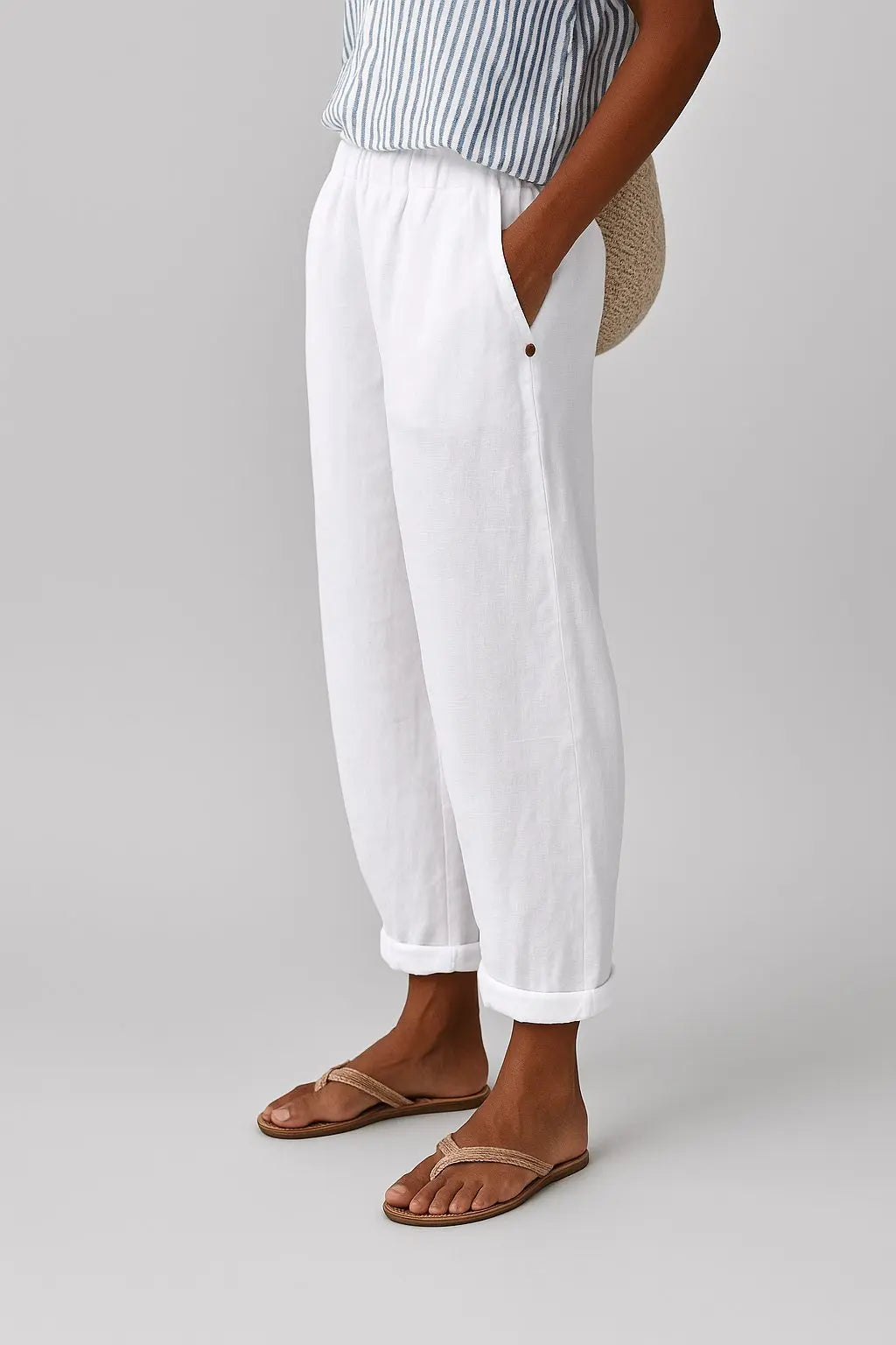 Women's Linen Trousers Wide Leg Elastic Waist Side Pockets - White