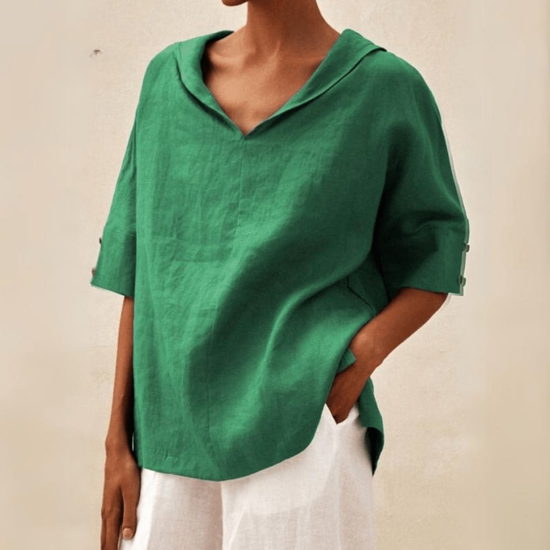 Women's Linen Tunic Top V-Neck Collared Oversized - Green