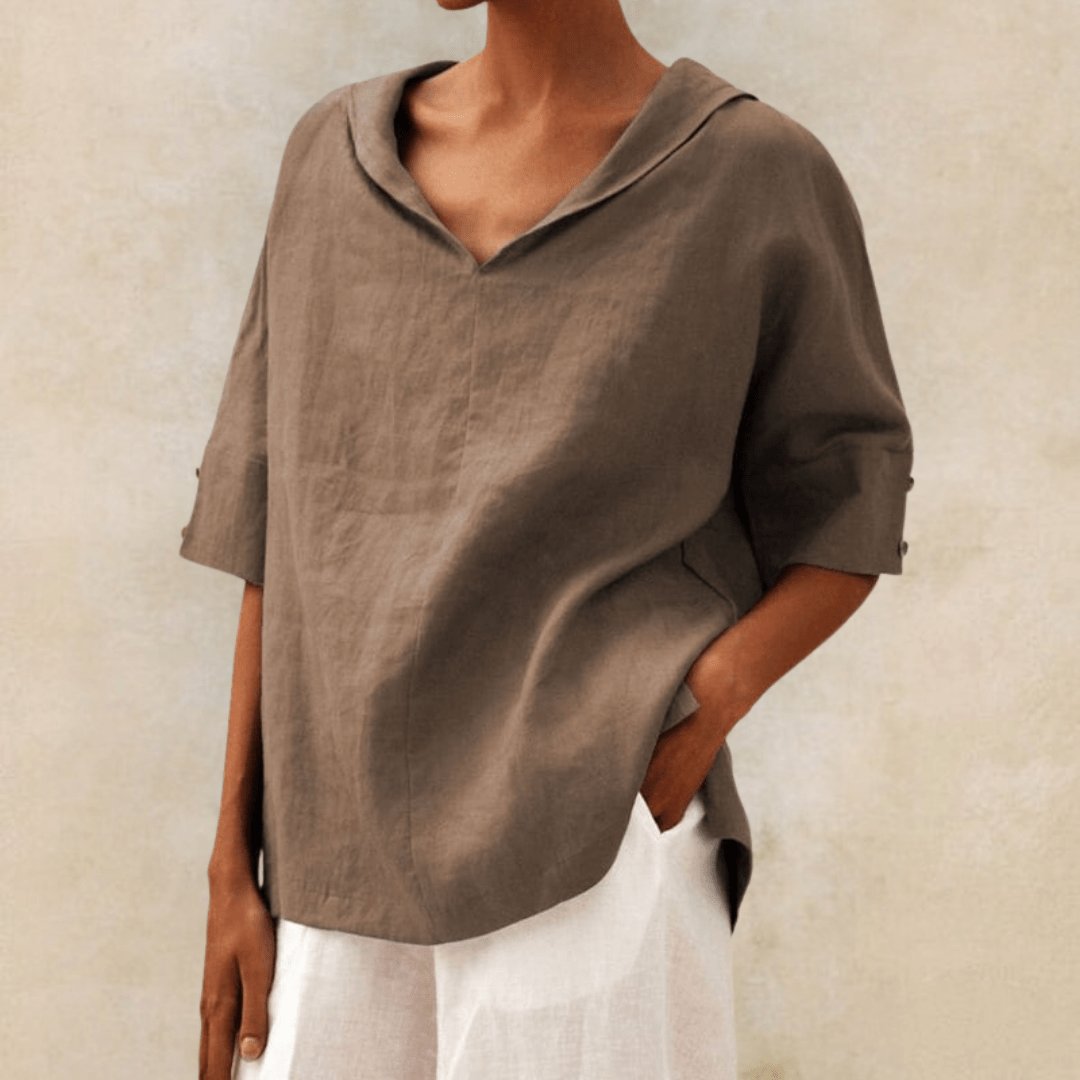 Women's Linen Tunic Top V-Neck Collared Oversized - Brown