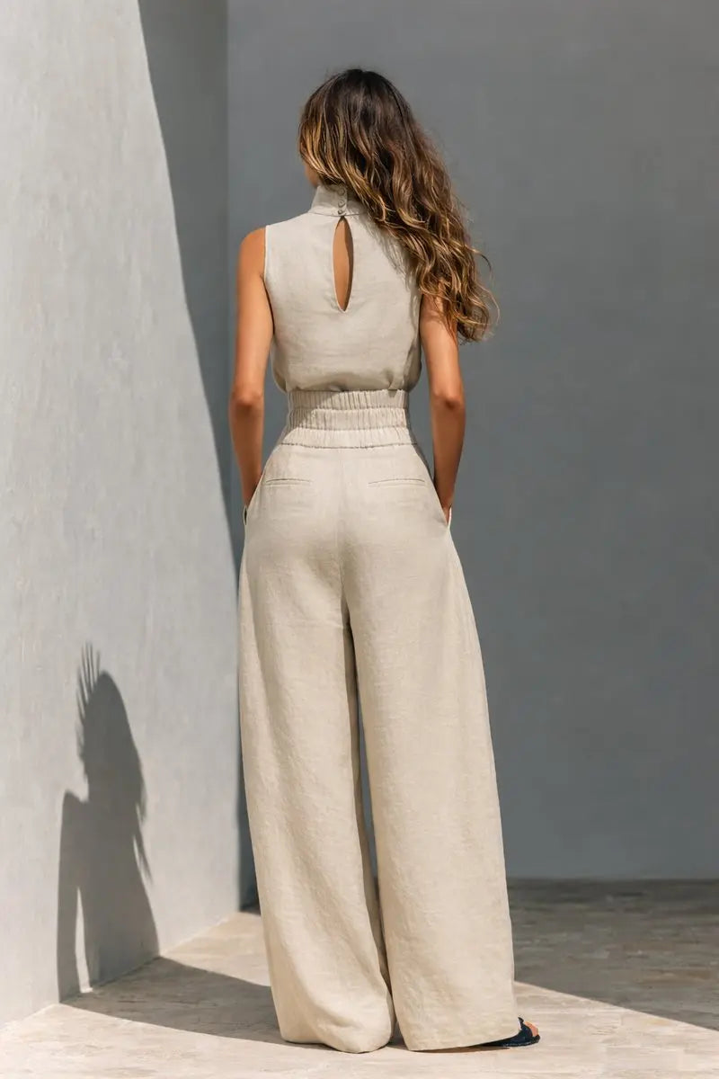 Women's Linen Wide-Leg High-Waist Sleeveless Co-ord Trouser Set