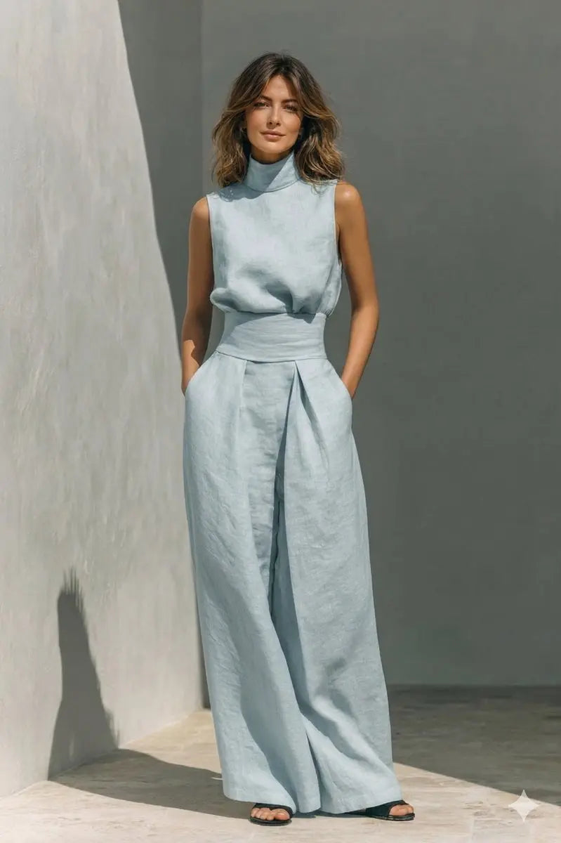 Women's Linen Wide-Leg High-Waist Sleeveless Co-ord Trouser Set - Light Blue