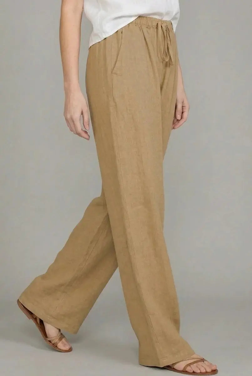 Women's Linen Wide Leg Pants Elasticated Drawstring Waist Trousers