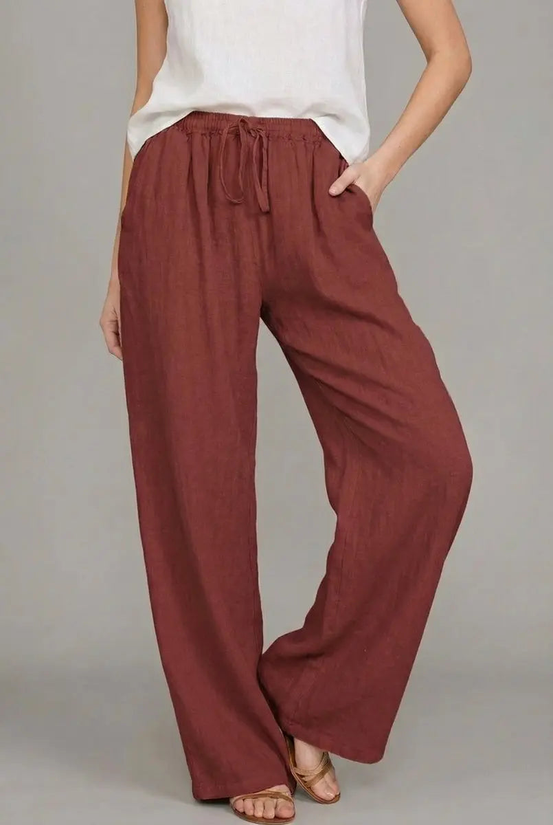 Women's Linen Wide Leg Pants Elasticated Drawstring Waist Trousers - Wine Red