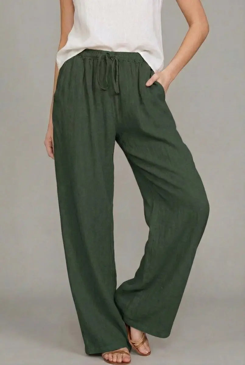 Women's Linen Wide Leg Pants Elasticated Drawstring Waist Trousers - Green
