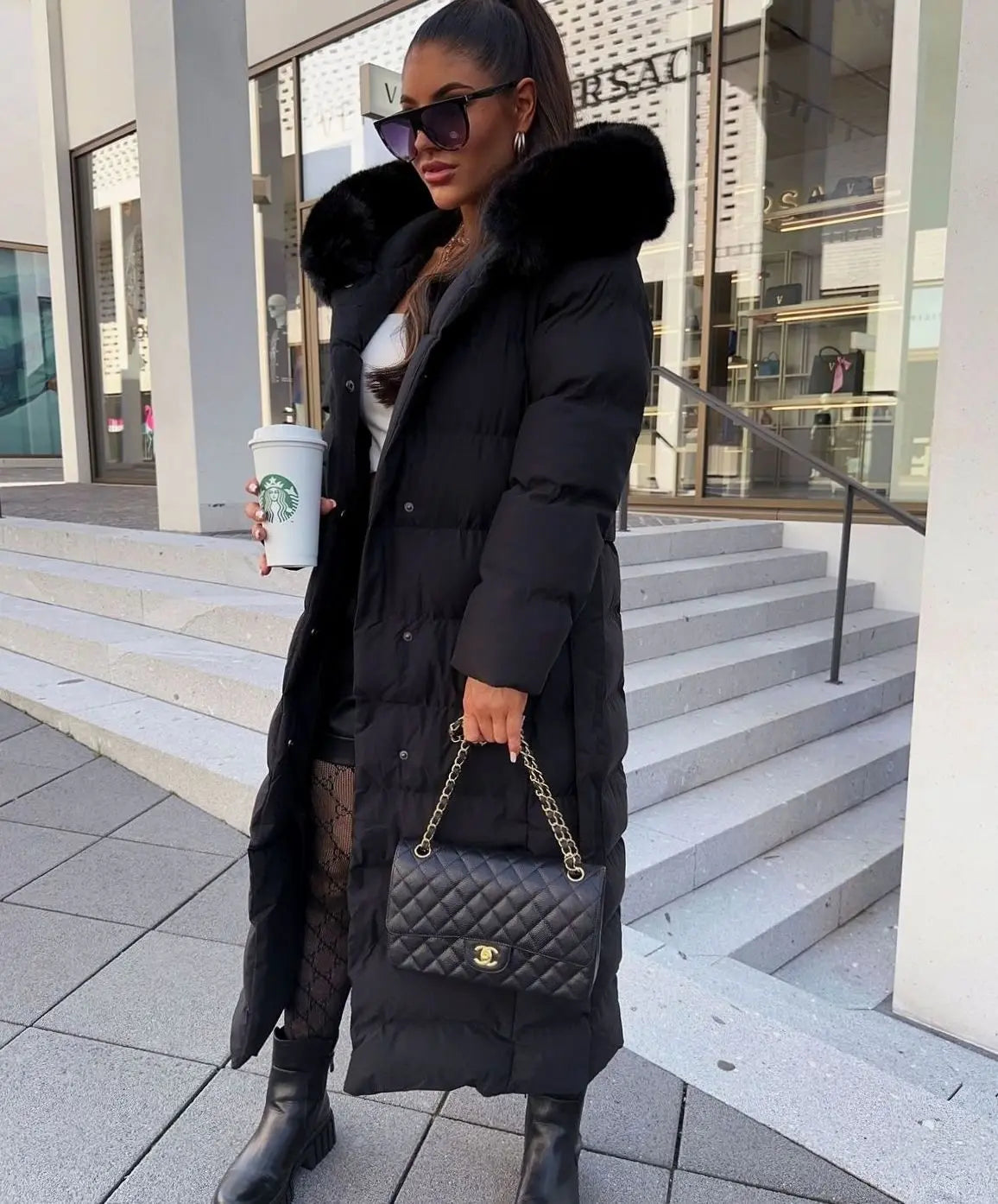 Women's Long Belted Fur Hood Puffer Coat