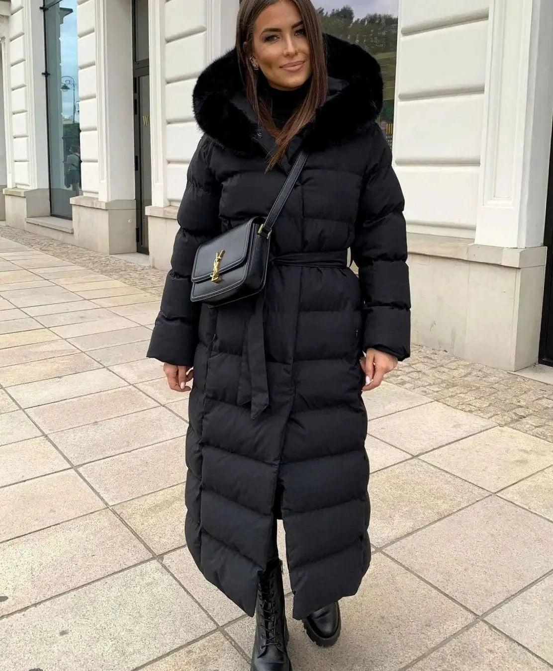 Women's Long Belted Fur Hood Puffer Coat