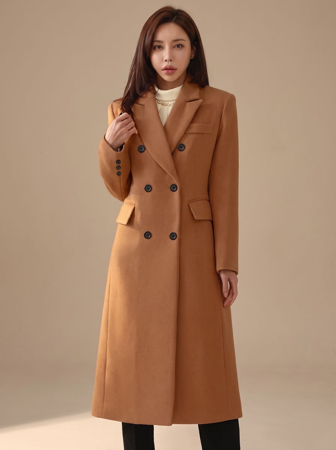 Women's Long Double-Breasted Wool Coat Tailored Overcoat - Dark Brown