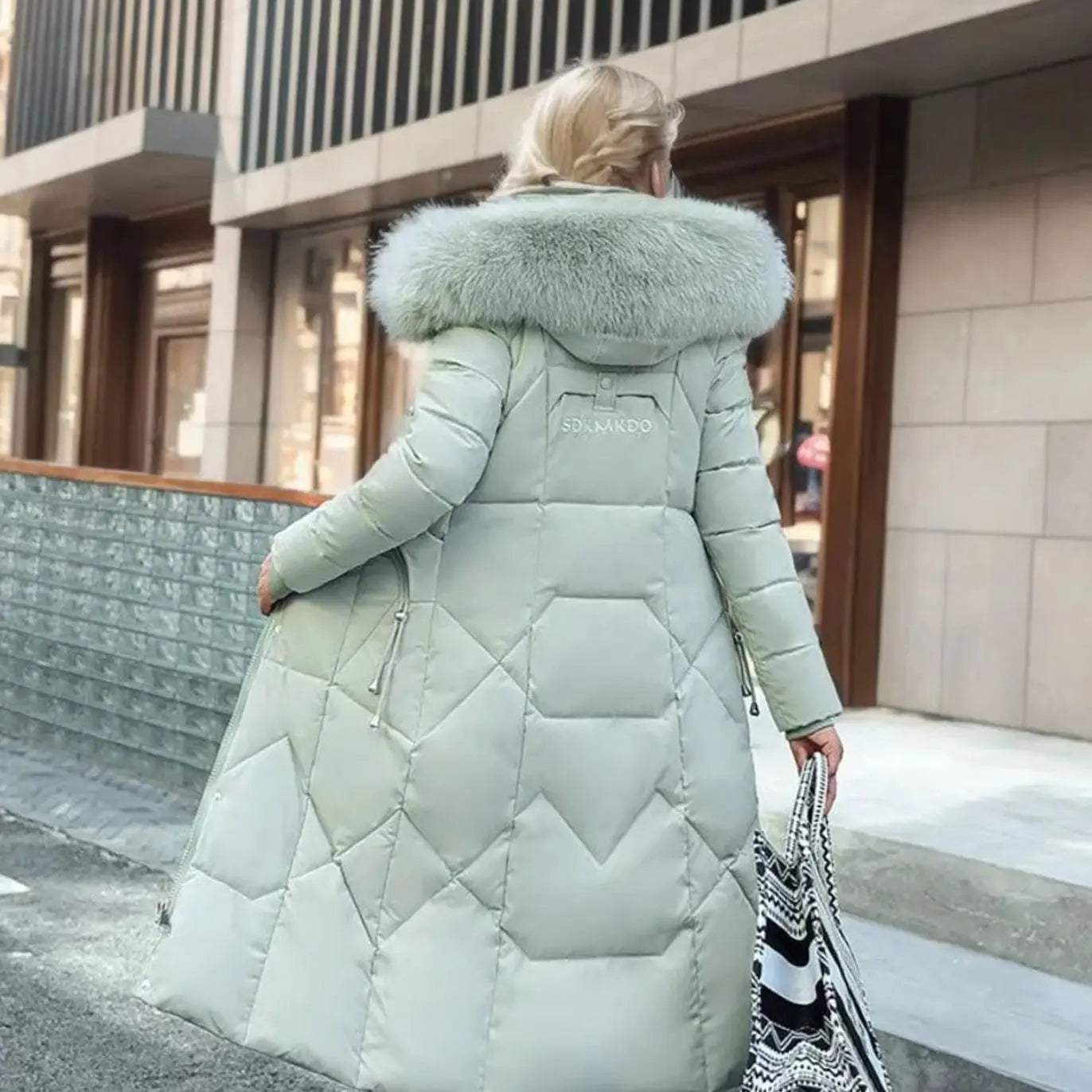 Women's Long Hooded Faux Fur Trim Quilted Coat