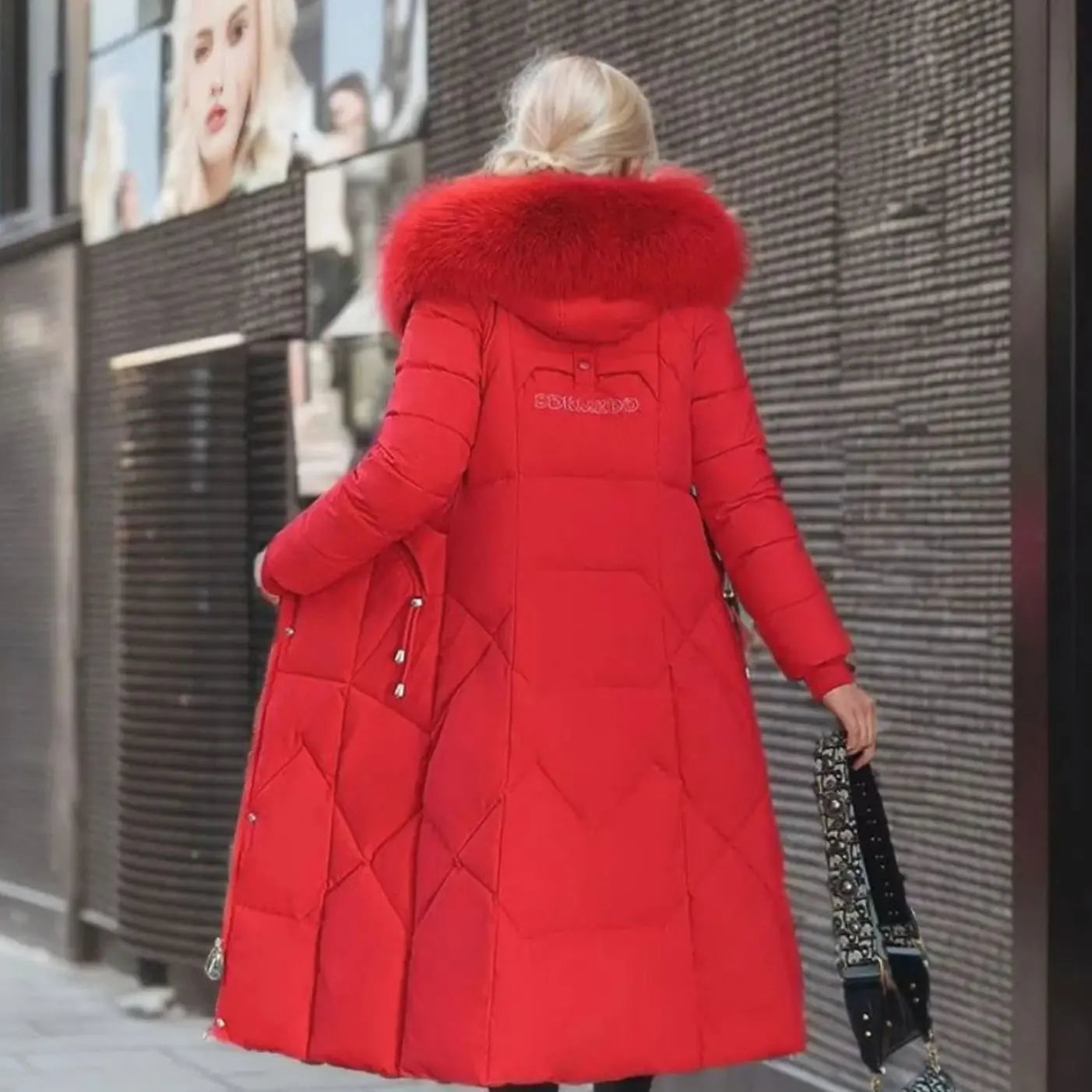 Women's Long Hooded Faux Fur Trim Quilted Coat