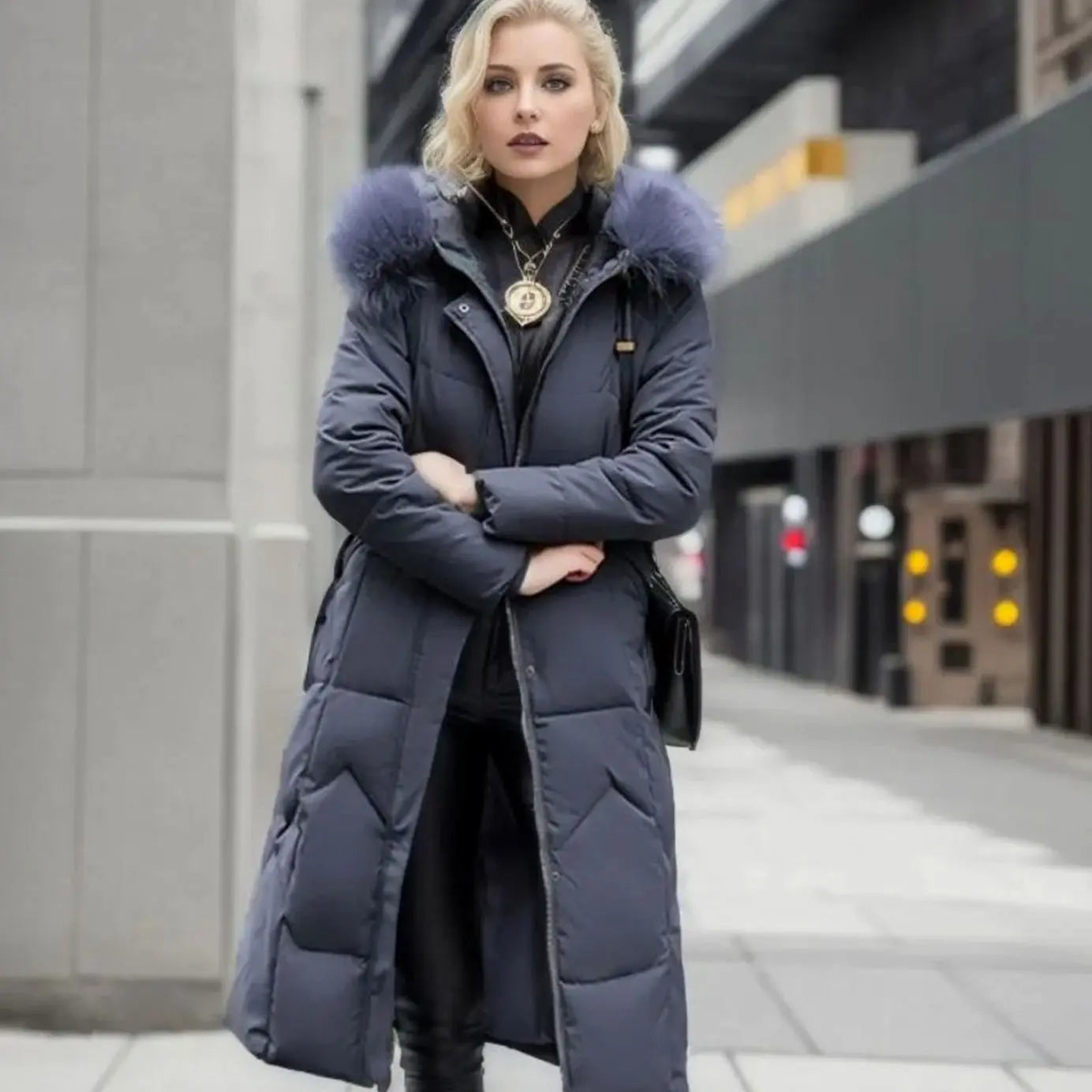 Women's Long Hooded Faux Fur Trim Quilted Coat - Grey