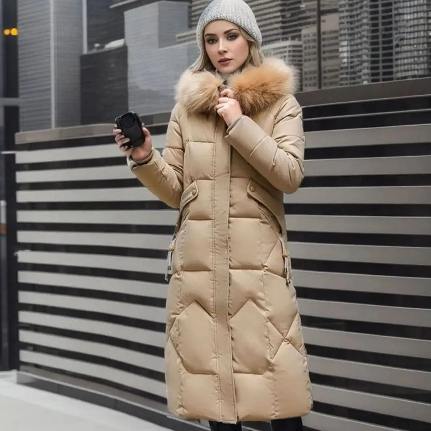 Women's Long Hooded Faux Fur Trim Quilted Coat - Khaki
