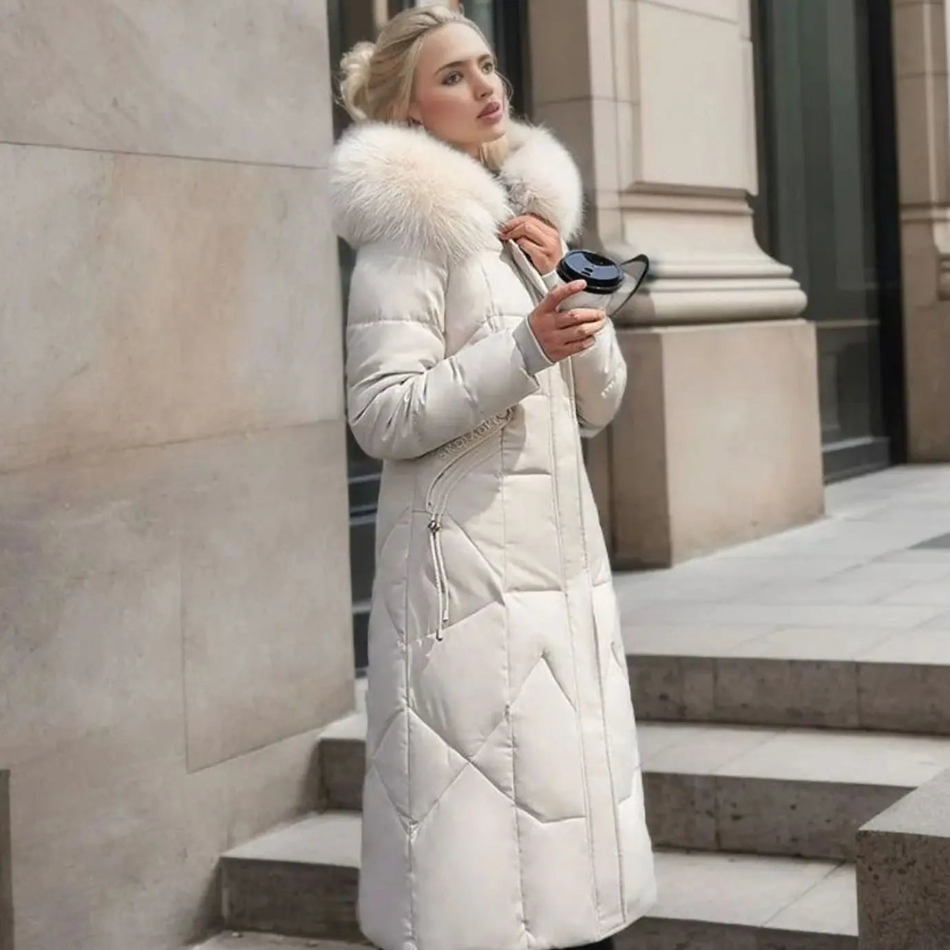 Women's Long Hooded Faux Fur Trim Quilted Coat