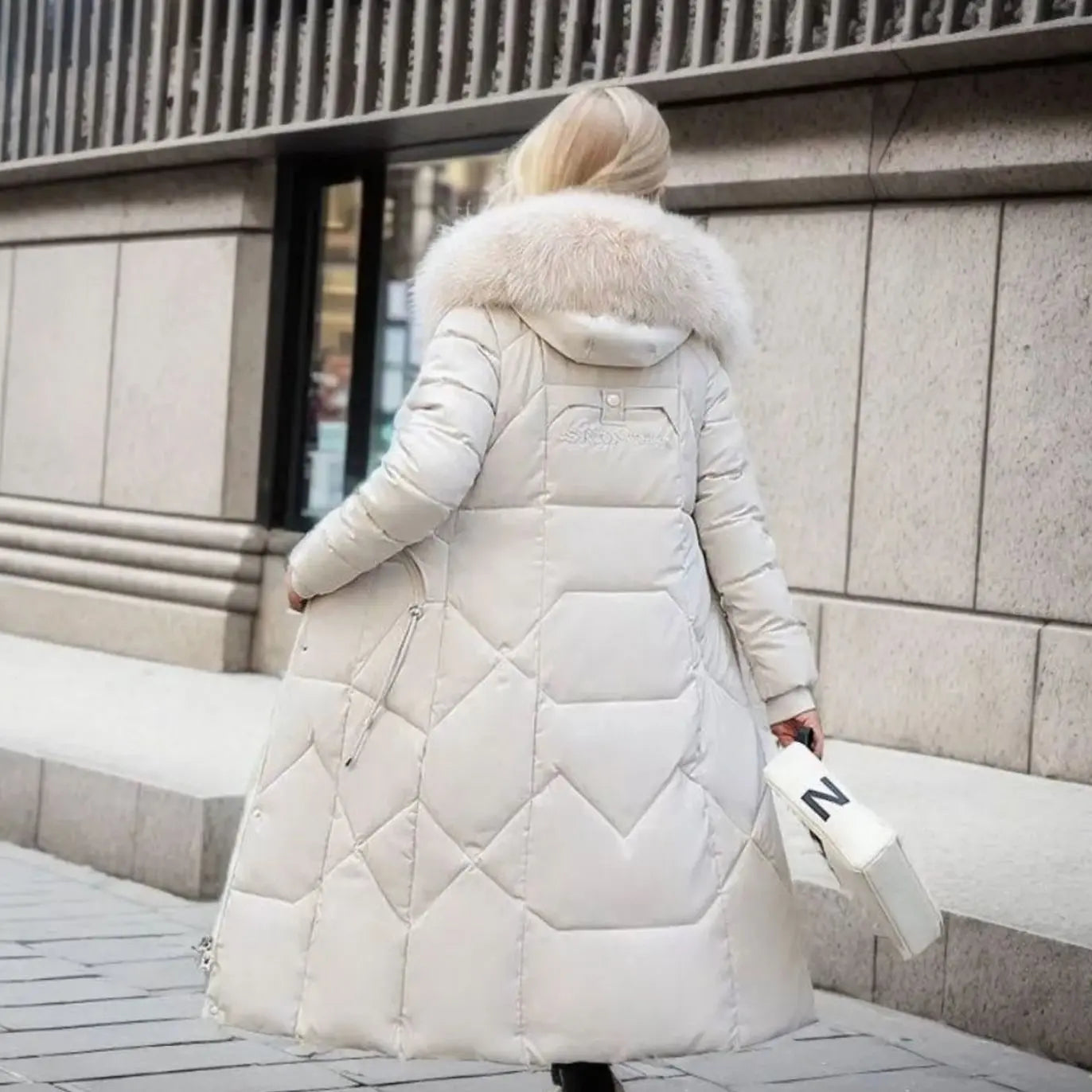 Women's Long Hooded Faux Fur Trim Quilted Coat