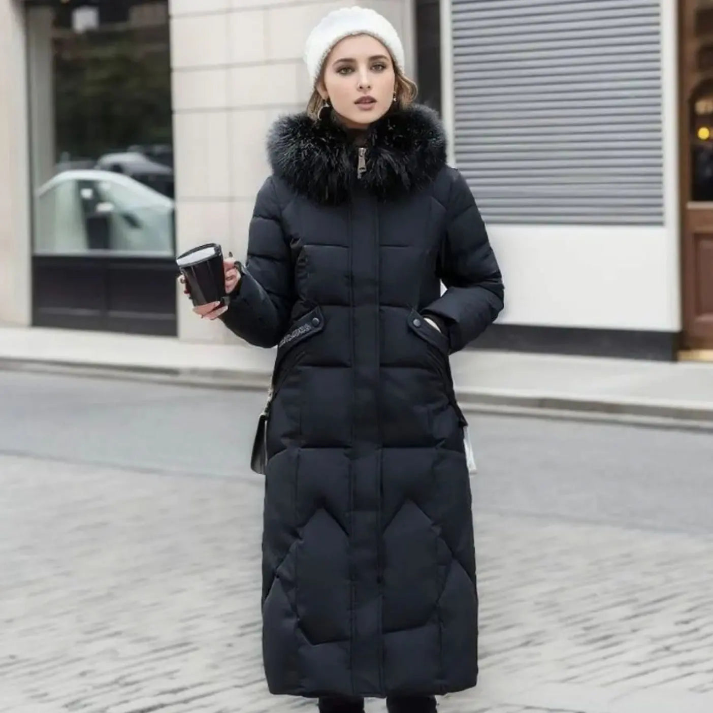 Women's Long Hooded Faux Fur Trim Quilted Coat