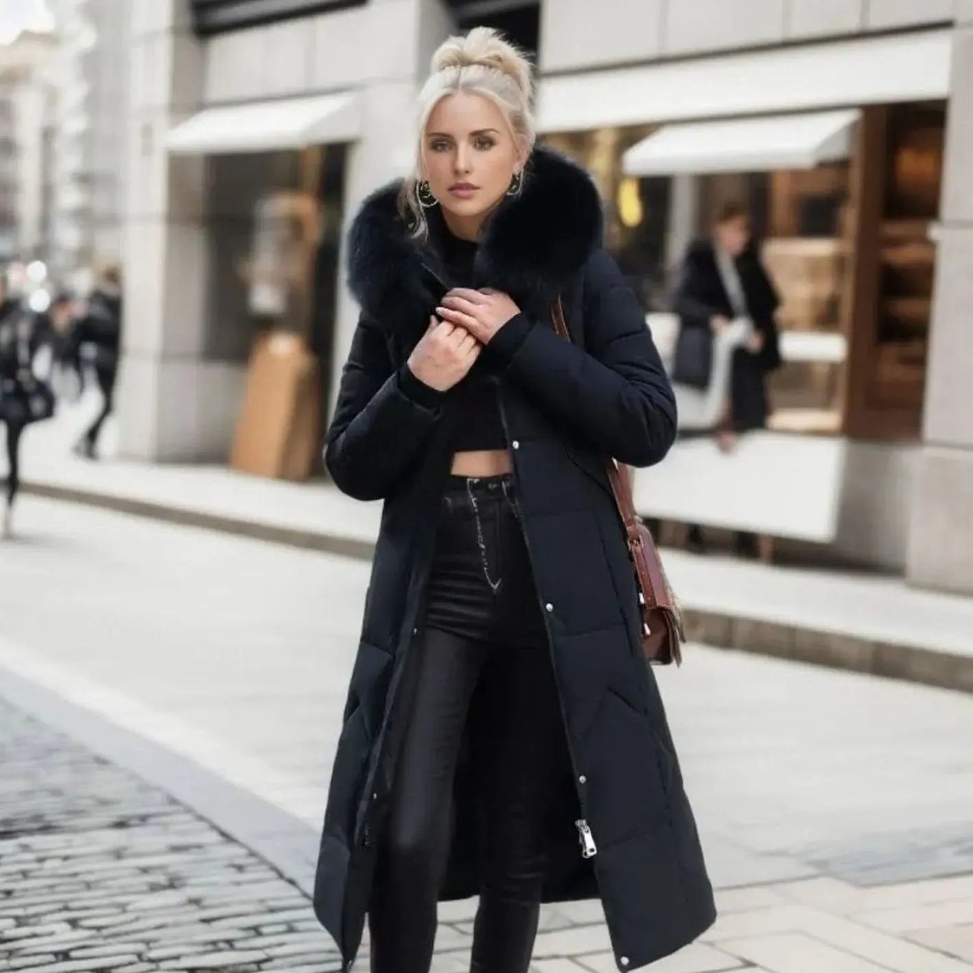 Women's Long Hooded Faux Fur Trim Quilted Coat