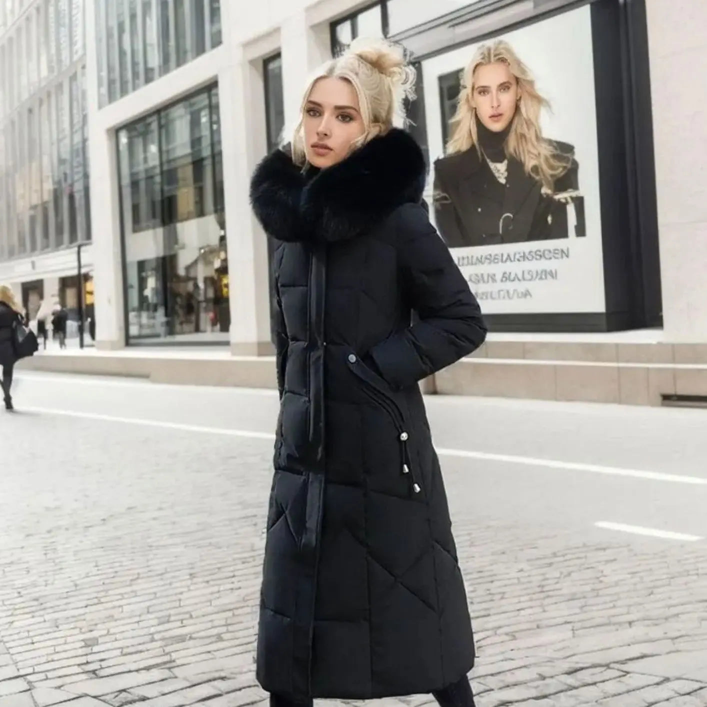 Women's Long Hooded Faux Fur Trim Quilted Coat