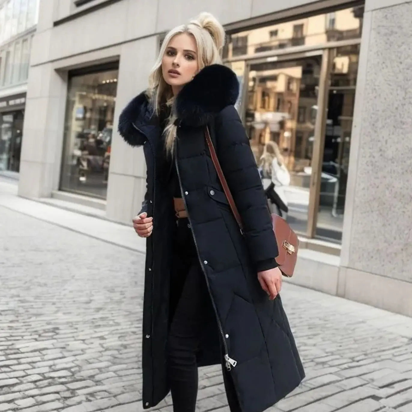 Women's Long Hooded Faux Fur Trim Quilted Coat - Black