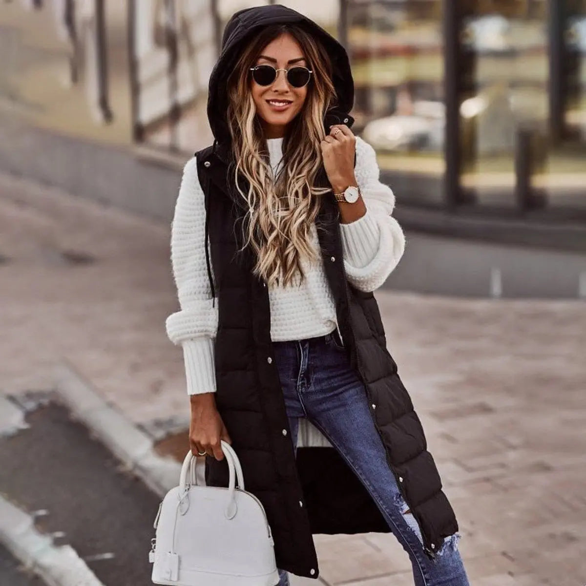 Women's Long Hooded Quilted Puffer Vest Sleeveless Winter Gilet