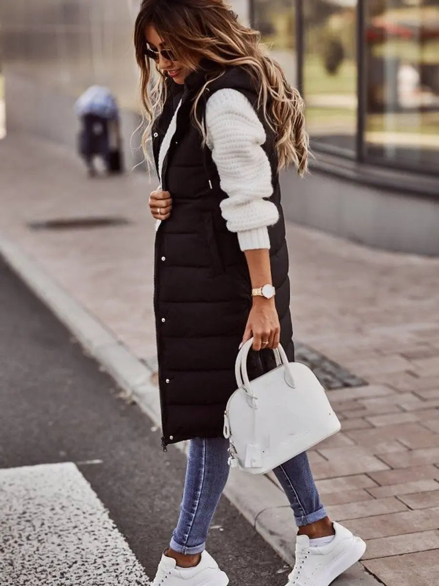 Women's Long Hooded Quilted Puffer Vest Sleeveless Winter Gilet
