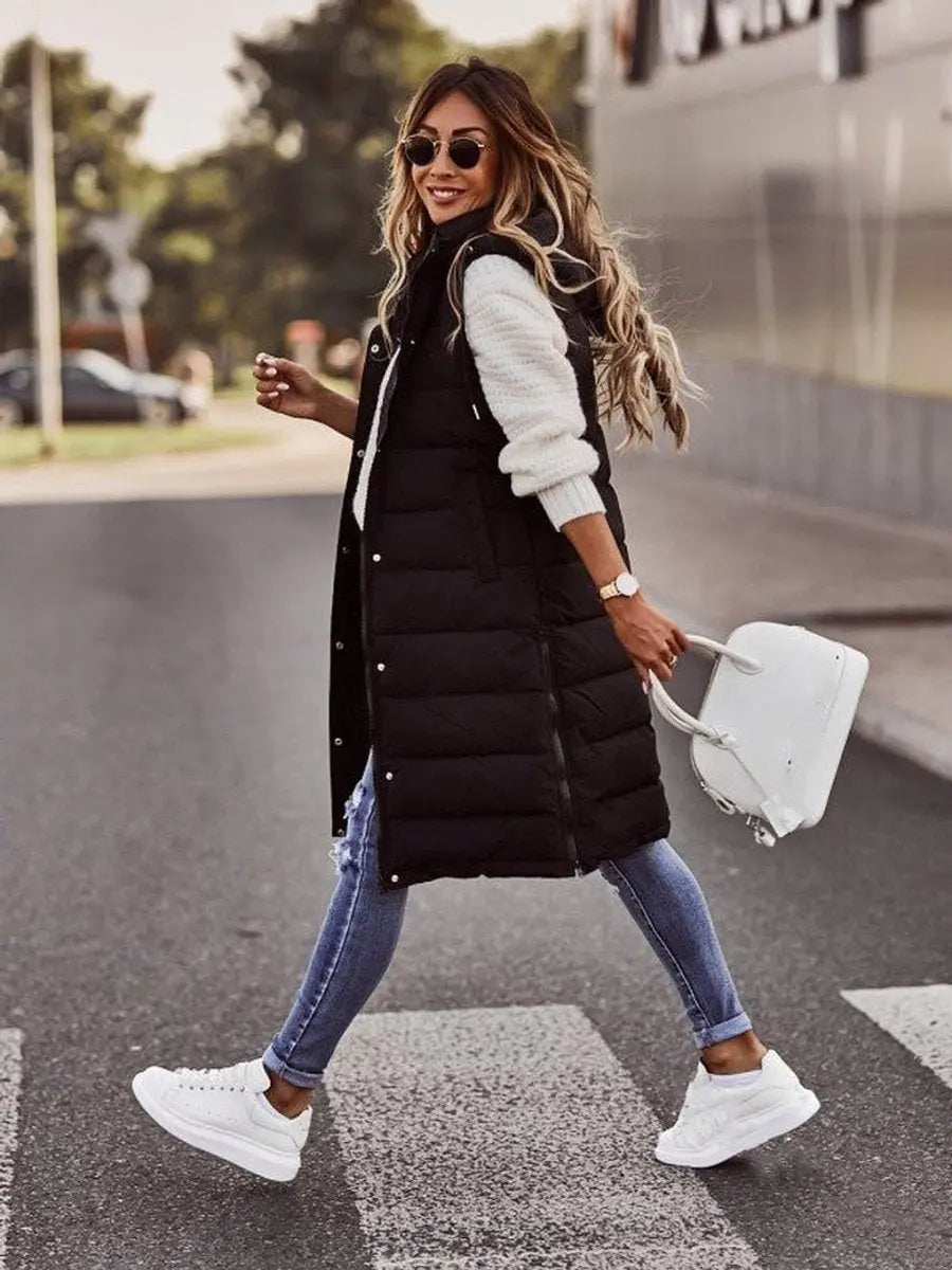 Women's Long Hooded Quilted Puffer Vest Sleeveless Winter Gilet