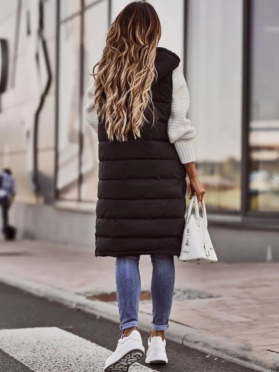 Women's Long Hooded Quilted Puffer Vest Sleeveless Winter Gilet