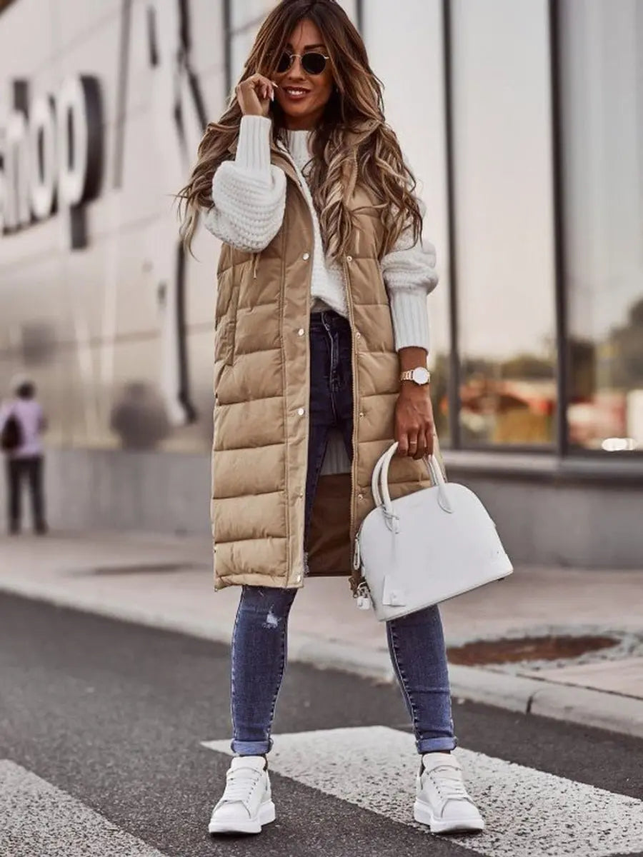 Women's Long Hooded Quilted Puffer Vest Sleeveless Winter Gilet - Beige