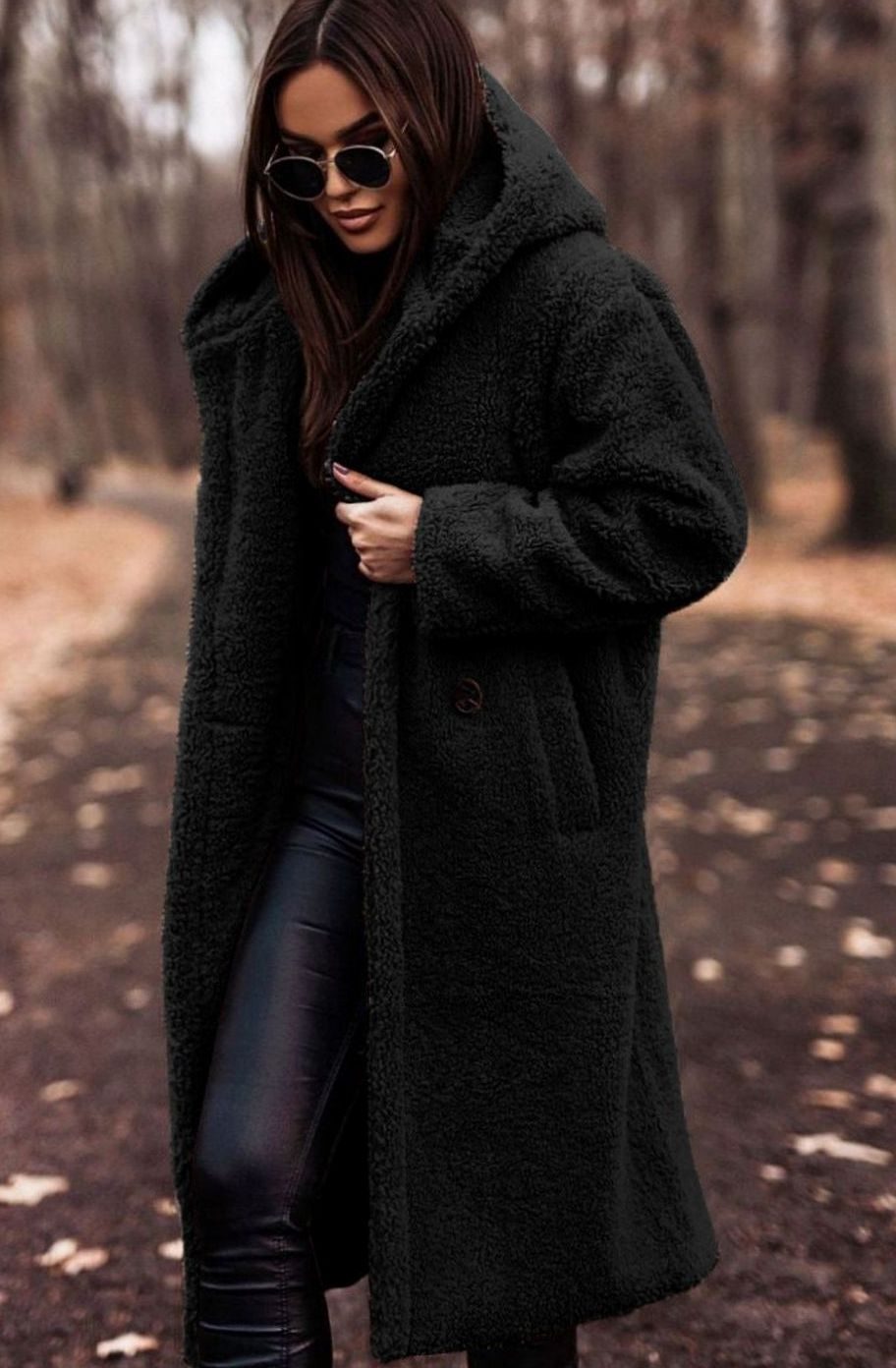 Women's Long Hooded Teddy Coat Relaxed-Fit Fleece Jacket - Black