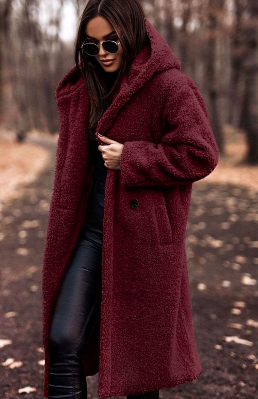 Women's Long Hooded Teddy Coat Relaxed-Fit Fleece Jacket - Red