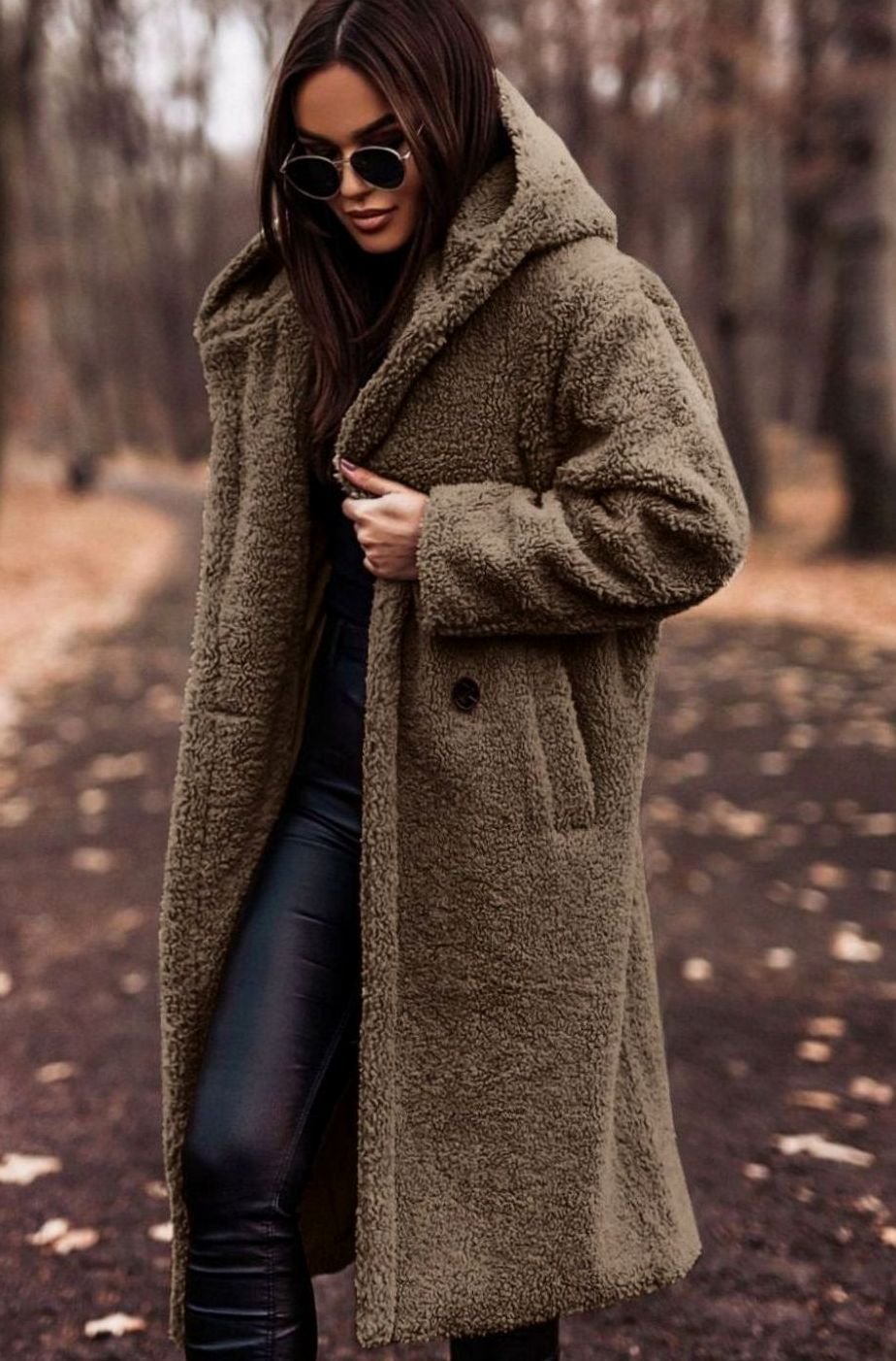Women's Long Hooded Teddy Coat Relaxed-Fit Fleece Jacket - Khaki
