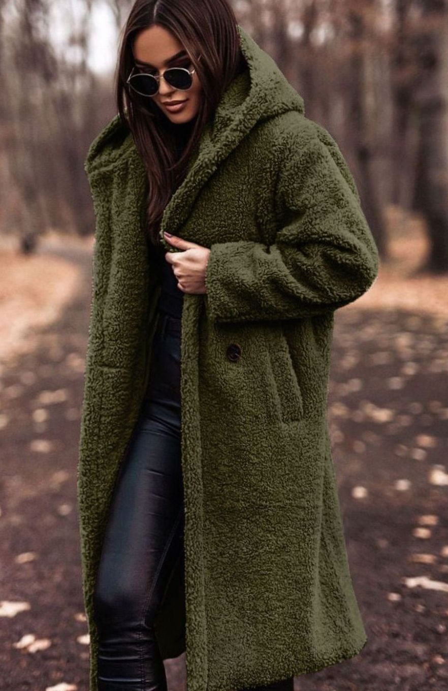 Women's Long Hooded Teddy Coat Relaxed-Fit Fleece Jacket - Dark Green