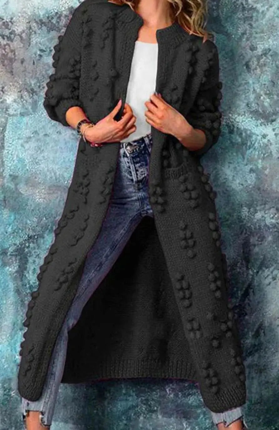 Women's Long Pom-Detail Open-Front Knitted Cardigan - Black