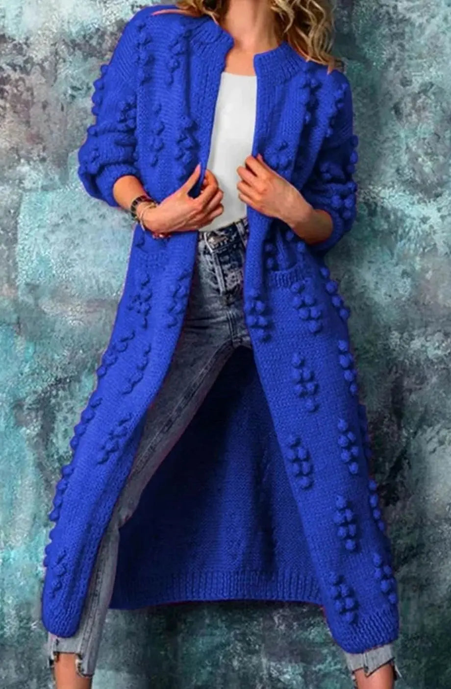 Women's Long Pom-Detail Open-Front Knitted Cardigan - Blue
