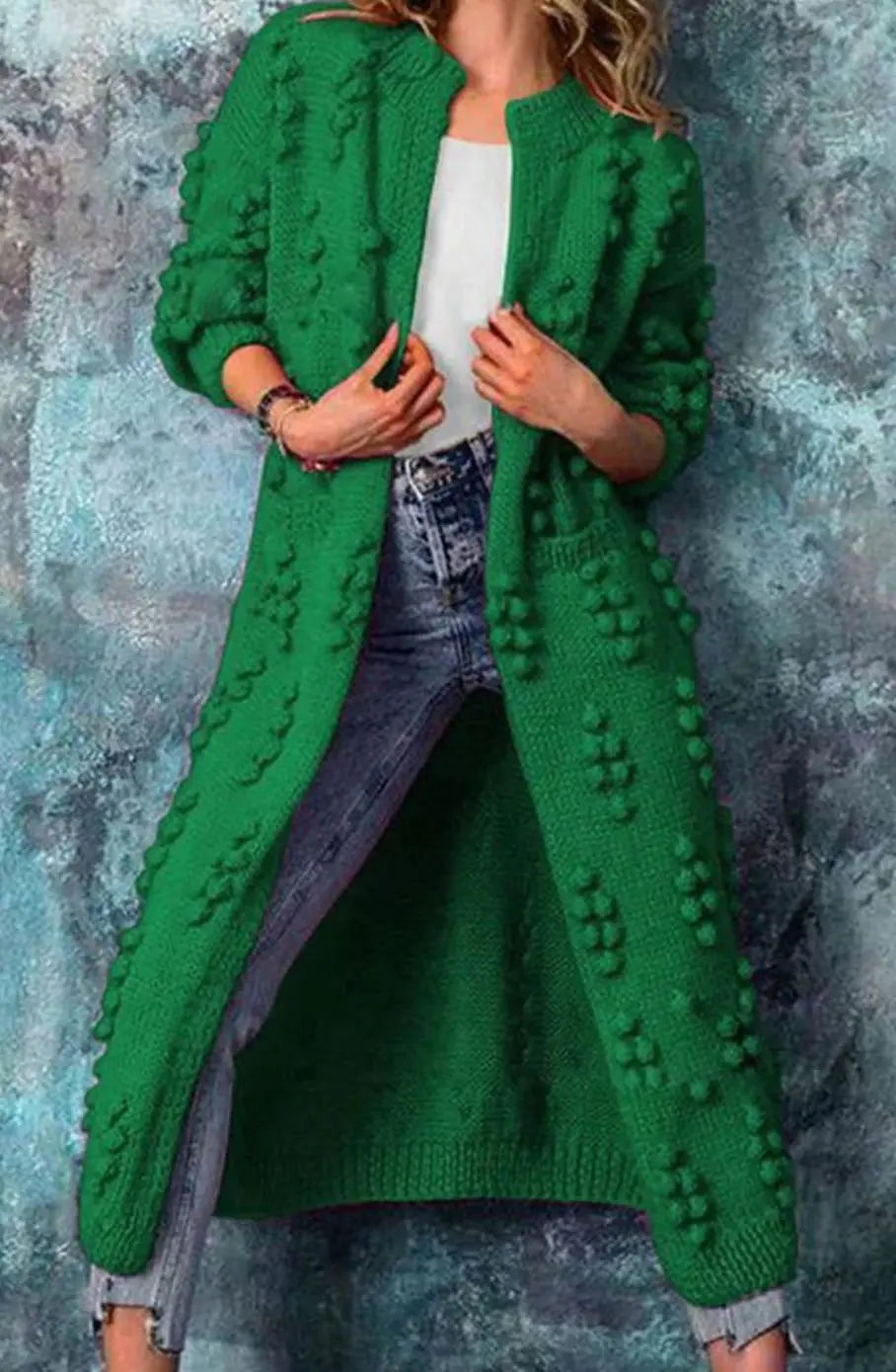 Women's Long Pom-Detail Open-Front Knitted Cardigan - Green