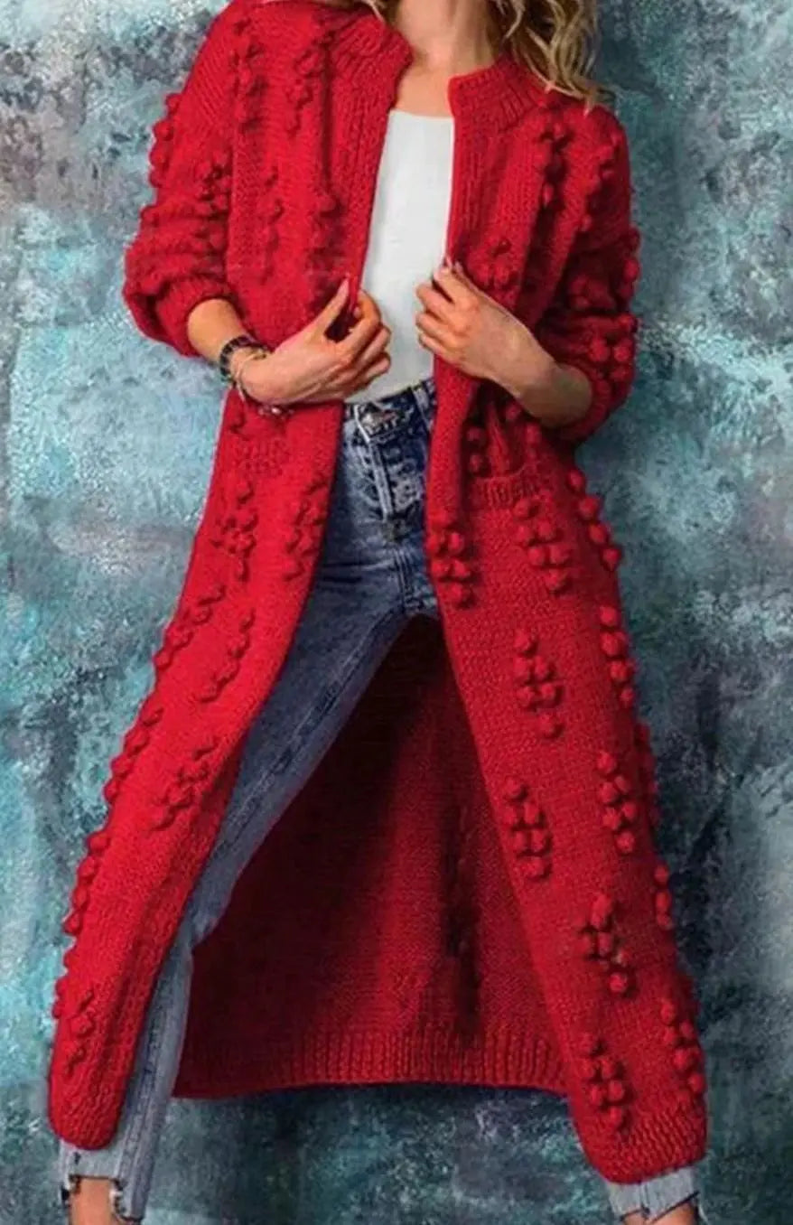 Women's Long Pom-Detail Open-Front Knitted Cardigan - Red