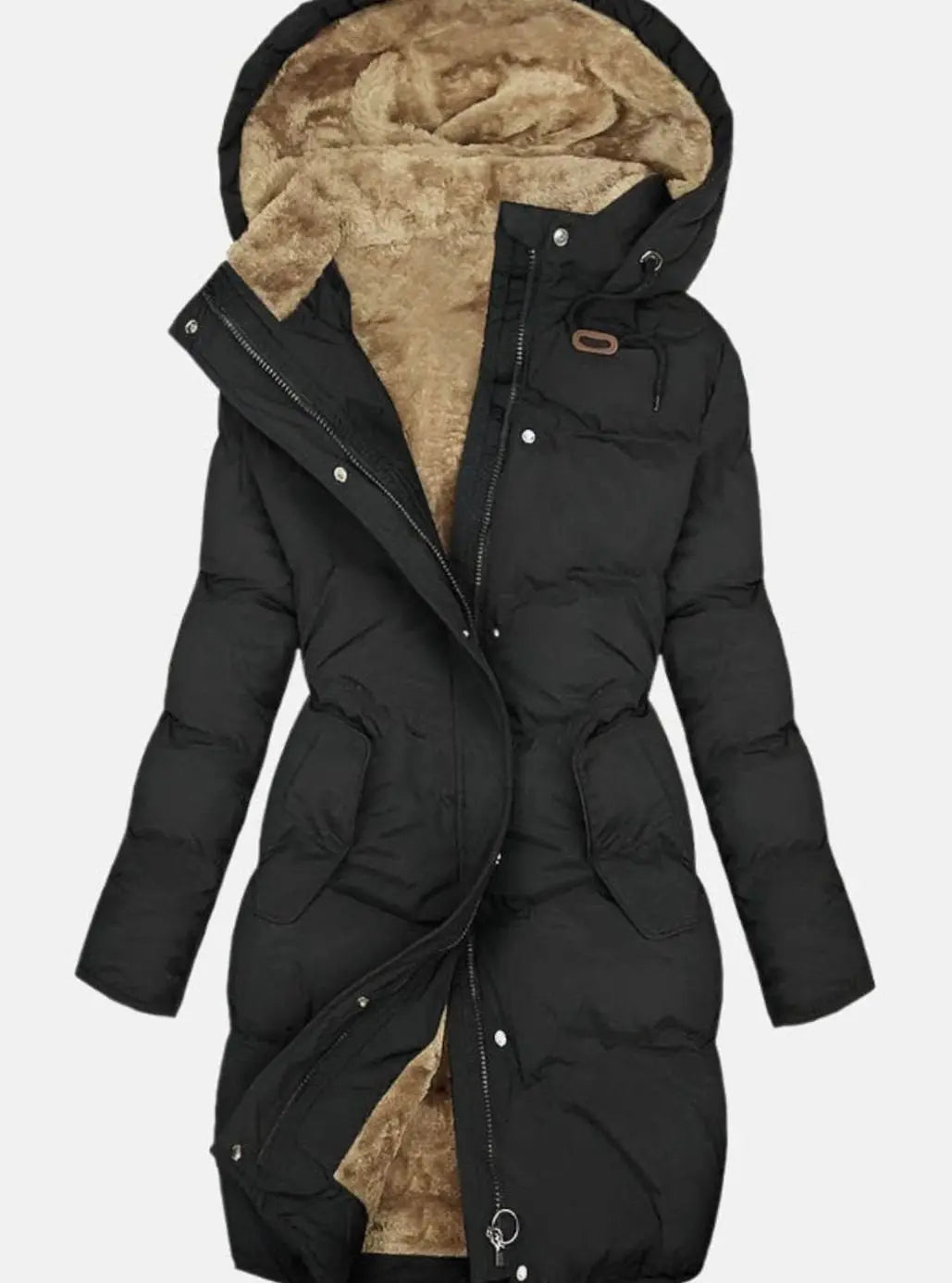 Women's Long Quilted Hooded Fleece-Lined Winter Coat - Black