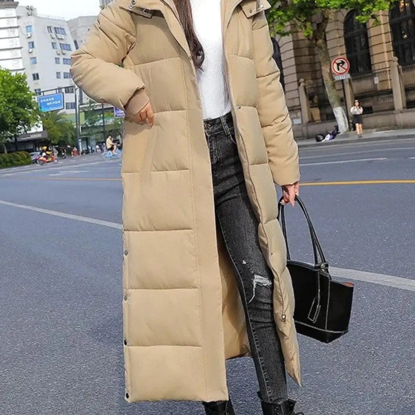 Women's Long Quilted Padded Zip-Up Winter Coat - Khaki